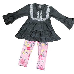 Little Girl Kids Long Sleeve Ruffle Sleeve Top Pink Leggings Floral Pants Set